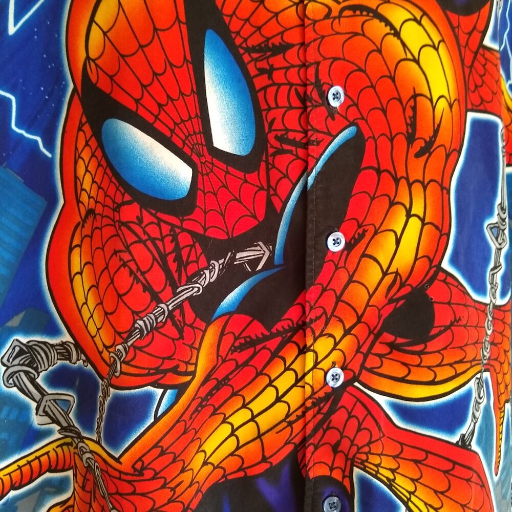 Vtg Spiderman Button Up Shirt Allover Print by CHANGES Baggy Grunge Y2K Sz XL - Picture 2 of 4
